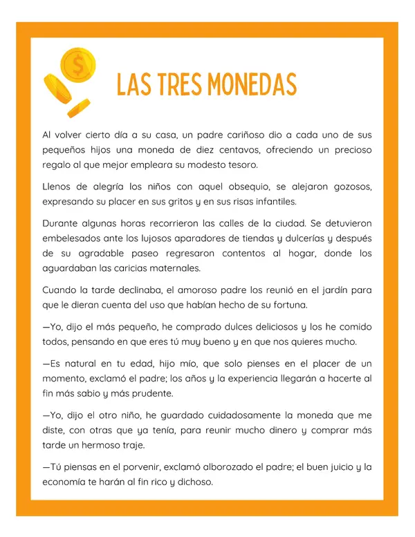 Comprensión lectora: Cuento - Las tres monedas