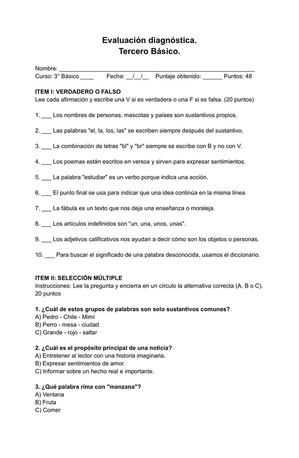 Evaluación Diagnóstica Lenguaje y Comunicación