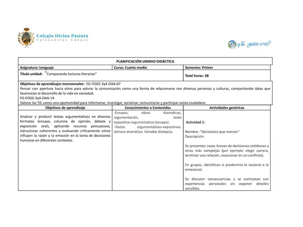 Planificación cuarto medio lenguaje y comunicación