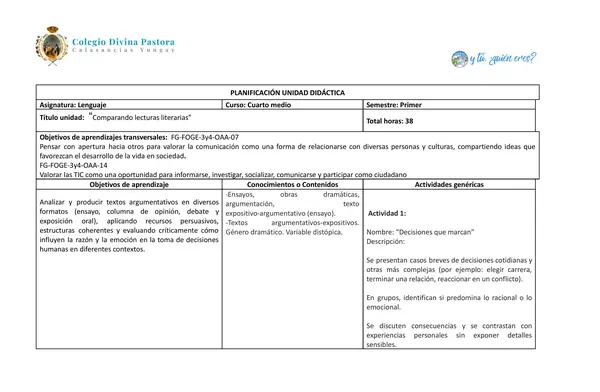 Planificación cuarto medio lenguaje y comunicación