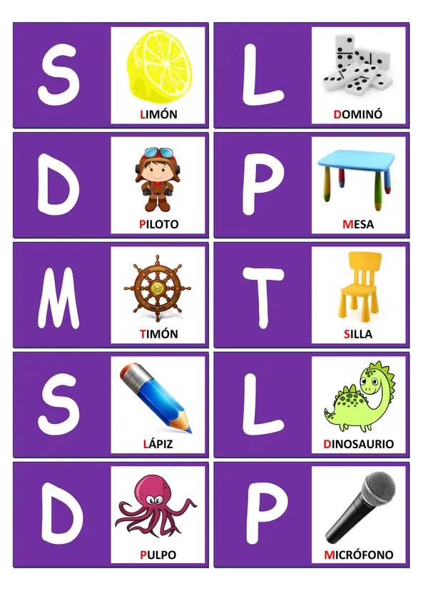 Dominó de Sonidos Iniciales: Consonantes (M, P, L, S, T y D)