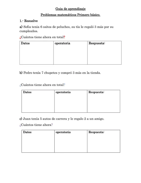 Guía de aprendizaje de matemática resolución de problemas   primero básico 