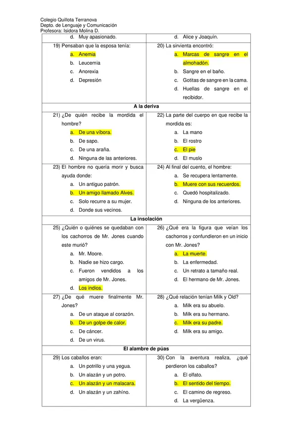 Evaluación Plan Lector "Cuentos de amor, locura y muerte"