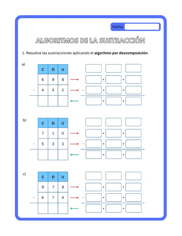 3° básico - Ficha de aprendizaje "Algoritmos de la sustracción"