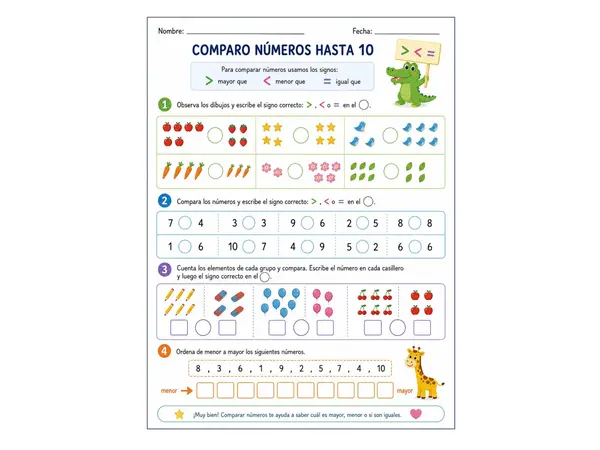 comparar y ordenar números hasta 10  A COLOR Y BLANCO Y NEGRO