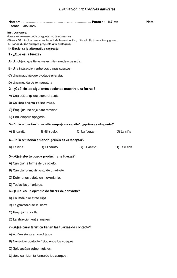 evaluación ciencias naturales la fuerza 