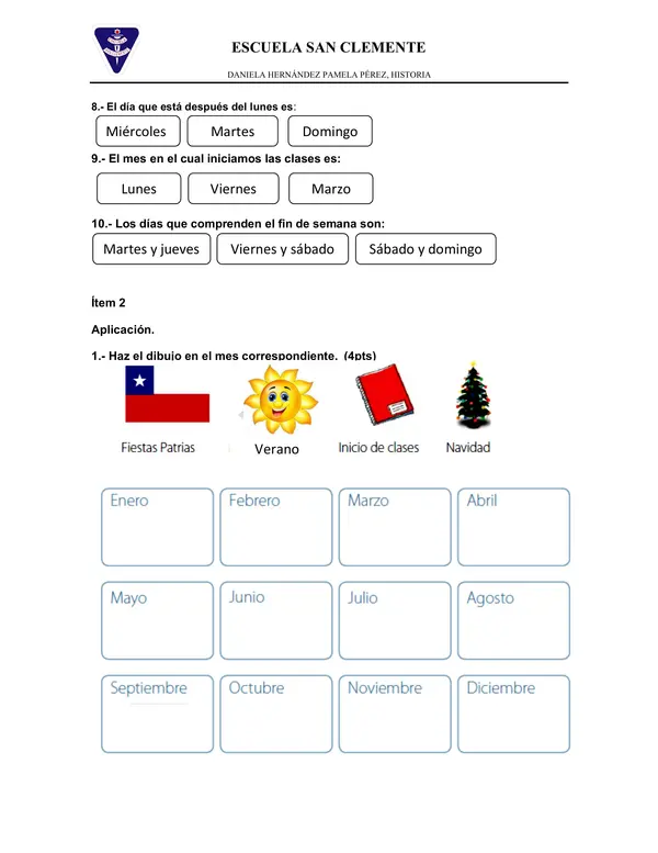 Evaluación días de la semana, meses del año