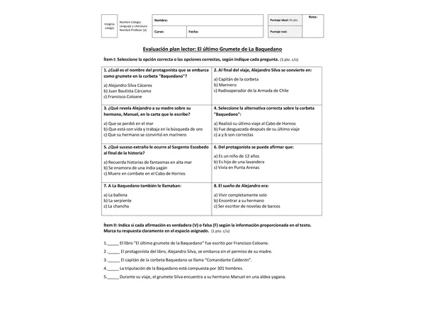 "El último grumete de la Baquedano": Prueba de lectura complementaria