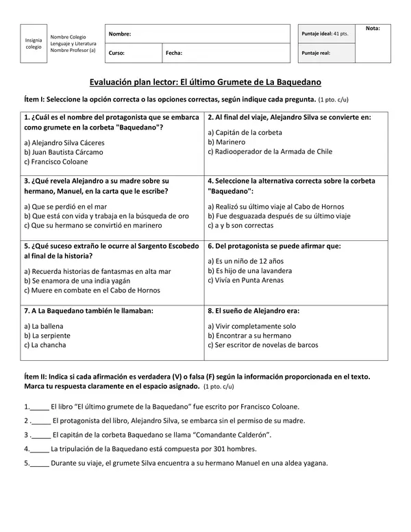 "El último grumete de la Baquedano": Prueba de lectura complementaria