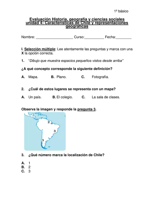 Evaluación de historia "Características de Chile y sus geografia" primer año básico