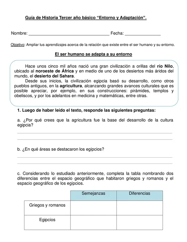 Guía de historia "Entorno y adaptación" Tercer año