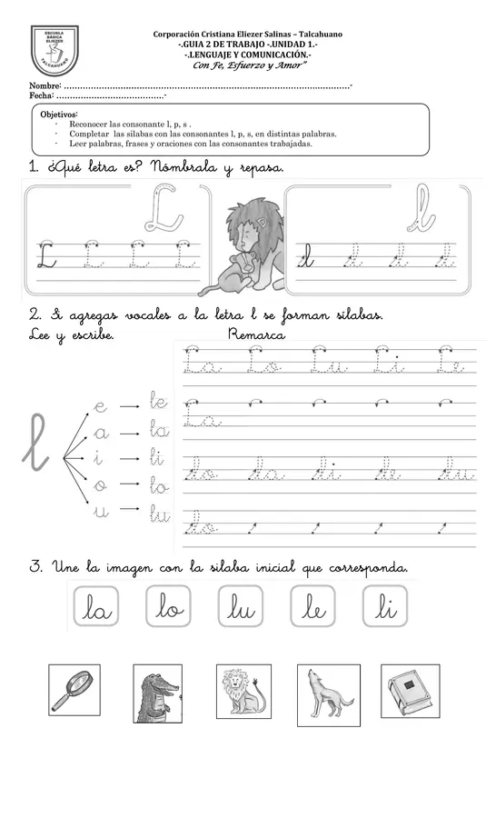 guía de trabajo con las consonantes l, p, 
