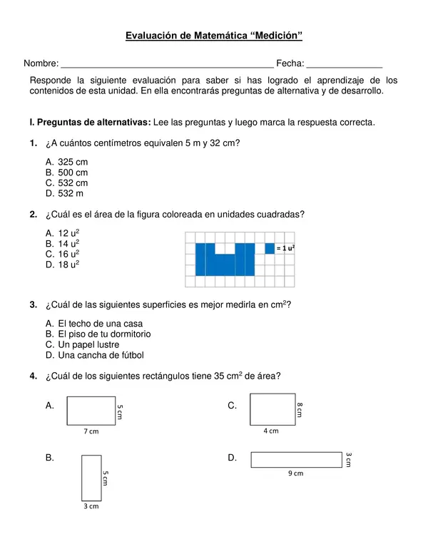 Evaluación "Mediciones" 4° año básico. 