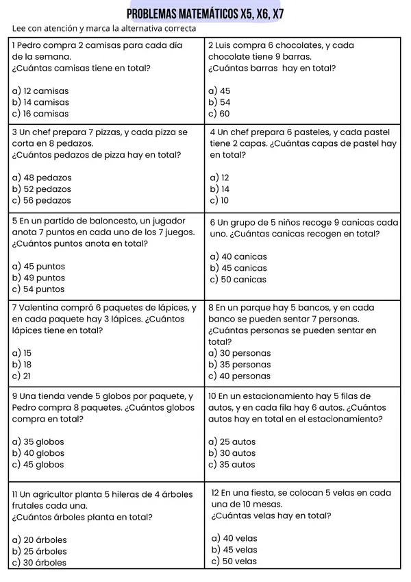 Ficha de Matemática: Problemas de Multiplicación - Tablas del 6, 7, 8 y 9