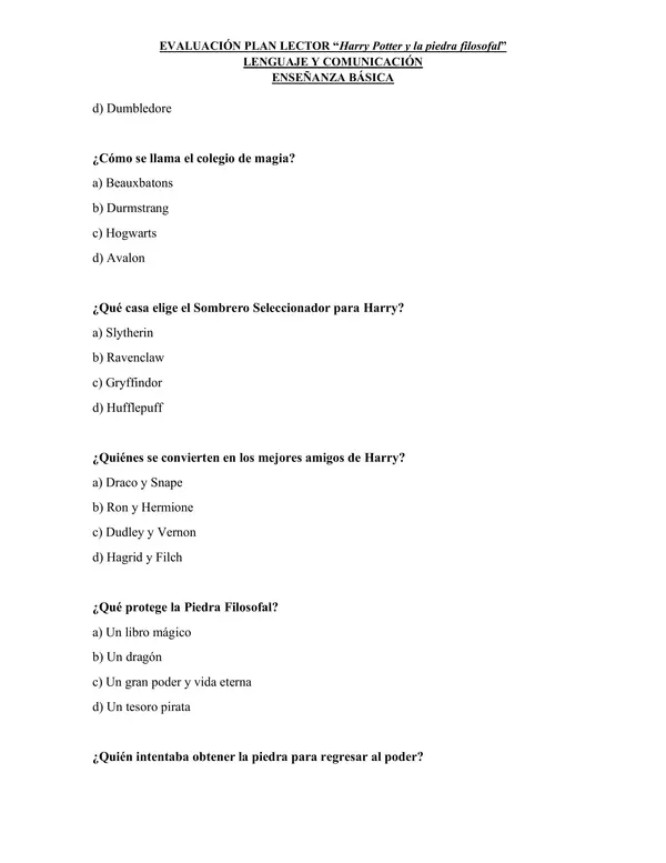 Evaluación Plan Lector: Harry Potter y la piedra filosofal ✨🧙‍♂️ (5° básico)