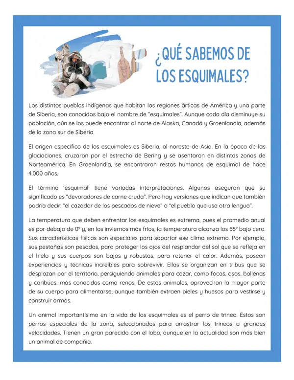 Comprensión lectora: Artículo Informativo - Qué sabemos sobre los esquimales