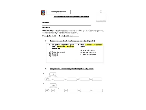 Evaluación  patrones y secuencias numéricas con adecuación curricular 