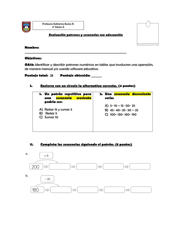 Evaluación  patrones y secuencias numéricas con adecuación curricular 