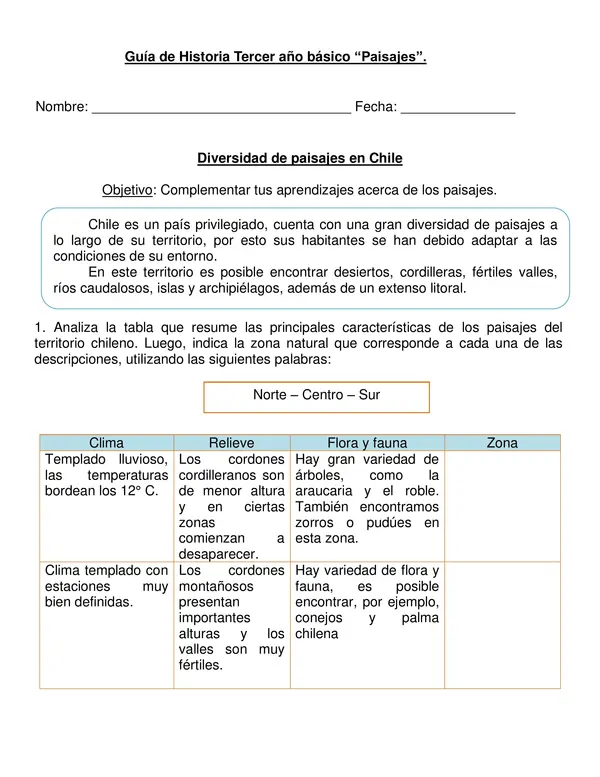 Guía de historia "Diversidad de paisajes de Chile" Tercer año básico.