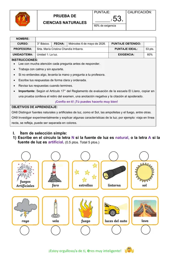 Prueba de Ciencias Naturales La luz.