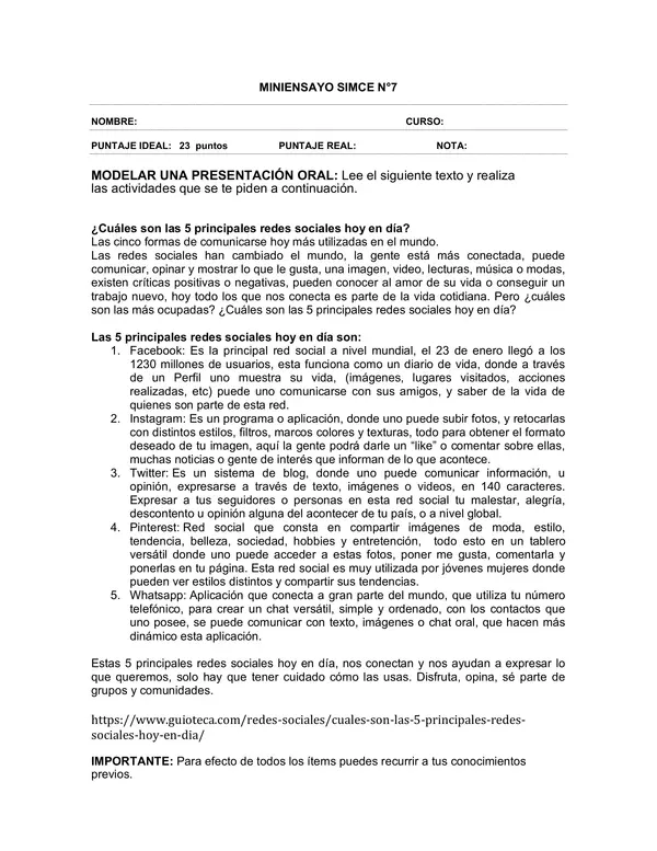 Evaluacion de Lenguaje 6 Basico: presentacion oral y redes sociales