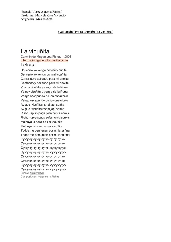 Pauta de evaluación/Interpretación de una canción