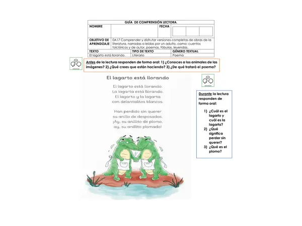 Comprensión lectora "El lagarto está llorando"