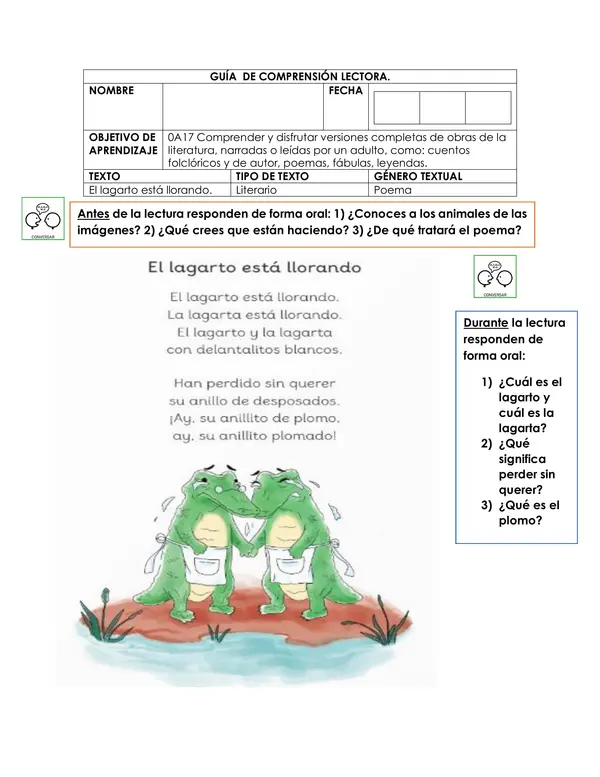 Comprensión lectora "El lagarto está llorando"