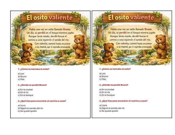 Comprensión de lectura corta para pegar en el cuaderno "El osito valiente"