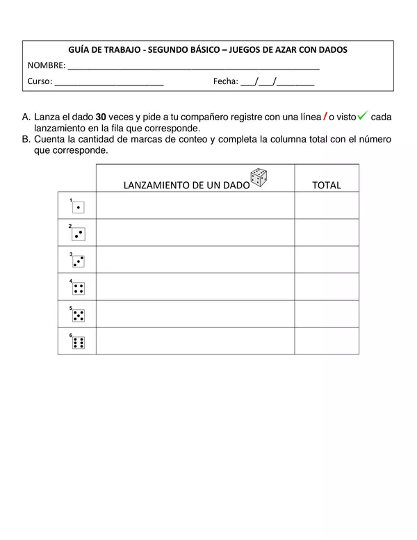 guia de trabajo Juegos de Azar con dados, SEGUNDO BASICO, MATEMATICAS