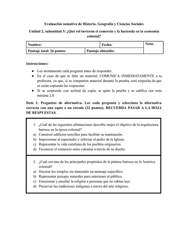 8° Prueba: Arte barroco, monopolio comercial, hacienda, esclavitud, incluye PAUTA 