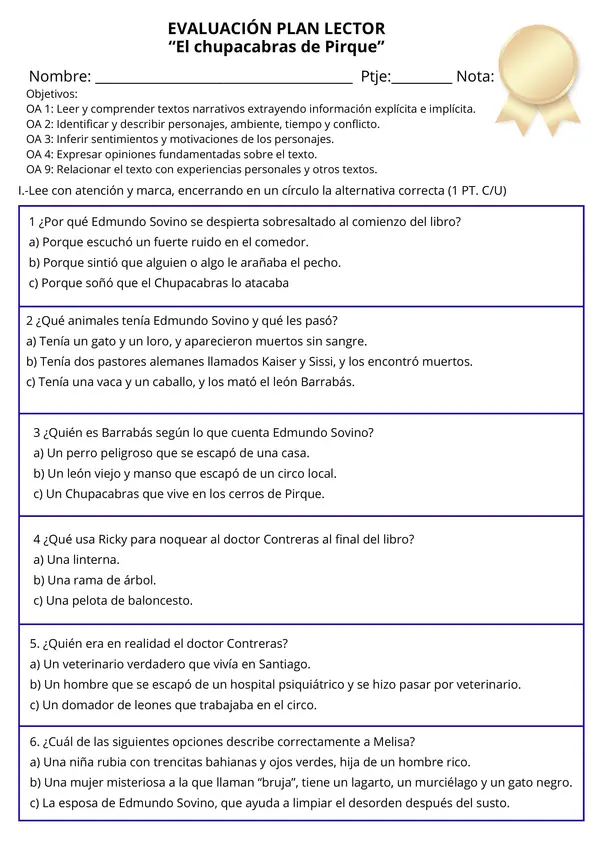 Prueba Plan Lector El chupacabras de Pirque