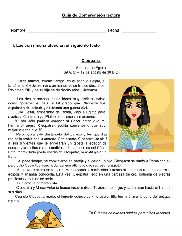 Guía de comprensión lectora "Cleopatra", 8 de marzo, día internacional de la mujer.