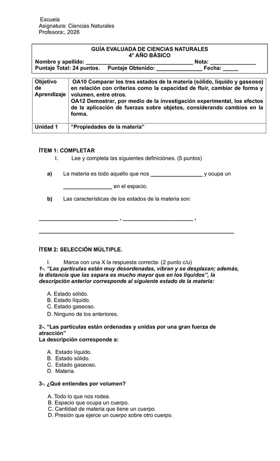 PRUEBA DE CIENCIAS ,LA MATERIA Y FUERZA 4° BÁSICO