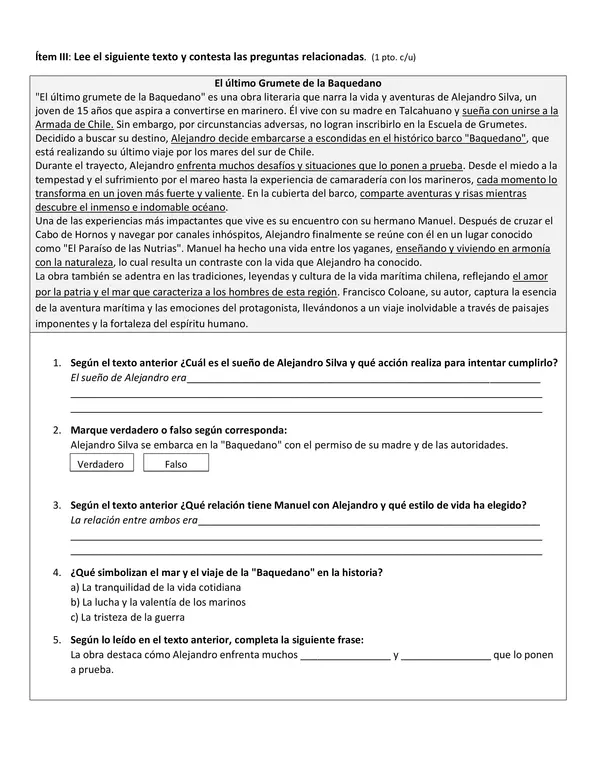 "El último grumete de la Baquedano": Prueba de lectura complementaria