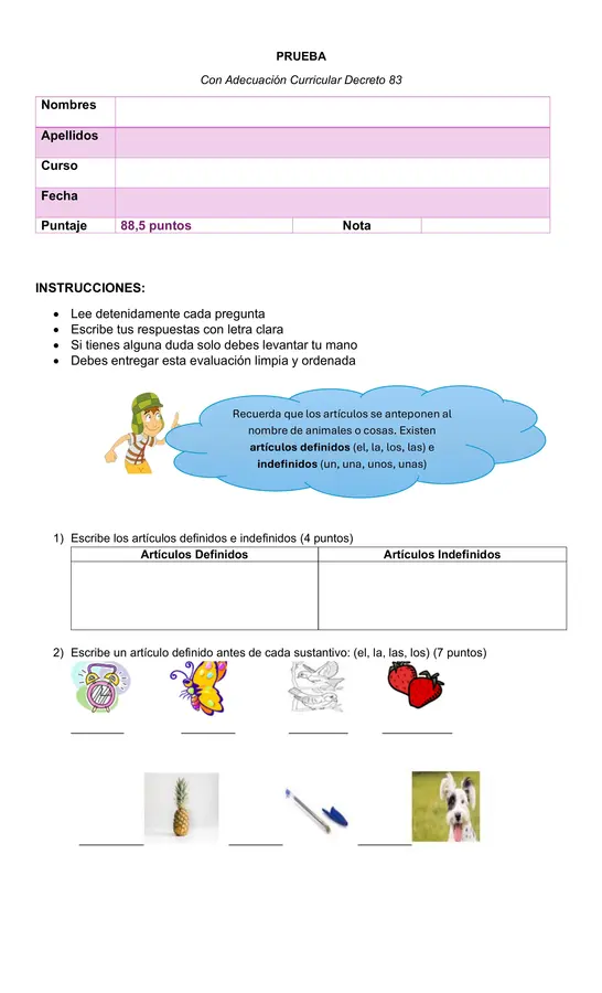 Prueba 3° Básico Artículos, Sustantivos, Adjetivos, Verbos