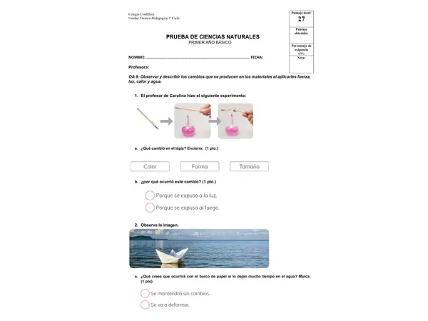 Evaluación Ciencias 1° Básico: Cambios en los Materiales 