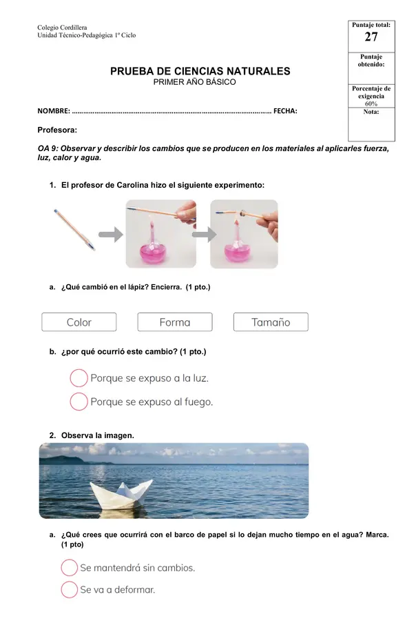 Evaluación Ciencias 1° Básico: Cambios en los Materiales 