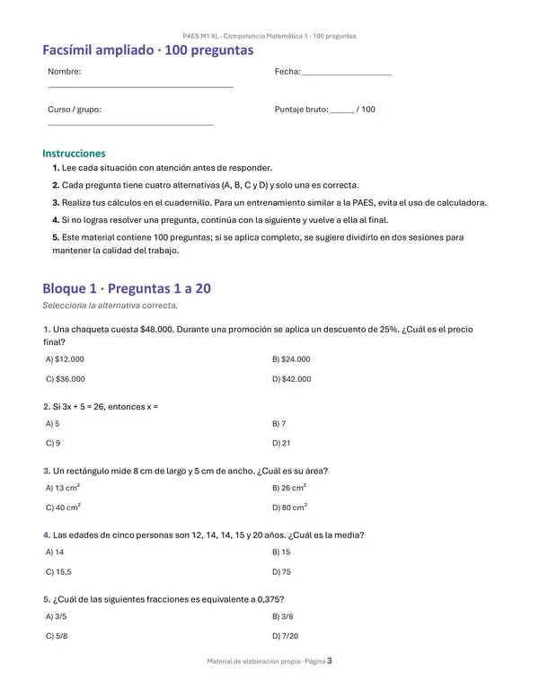  PAES M1 XL | FACsÍMIL AMPLIADO DE COMPETENCIA MATEMÁTICA 1