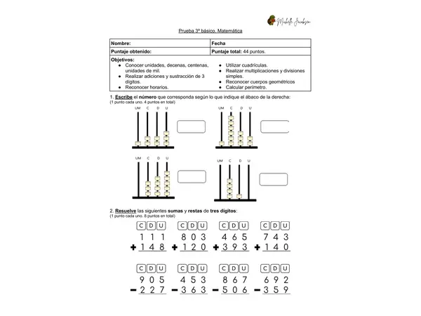 Prueba diagnóstica de Matemática, 3ero básico