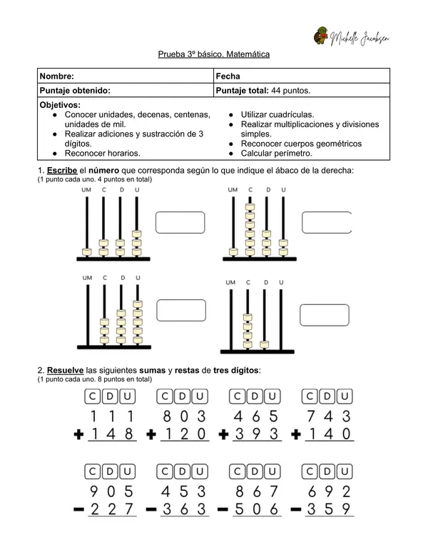 Prueba diagnóstica de Matemática, 3ero básico