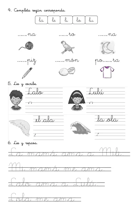 guía de trabajo con las consonantes l, p, 