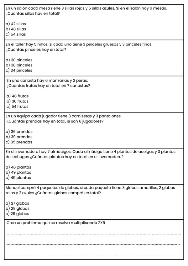 Ficha de Matemática: Problemas de Multiplicación - Tablas del 6, 7, 8 y 9