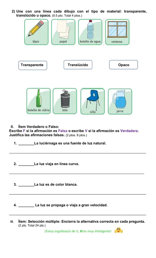 Prueba de Ciencias Naturales La luz.