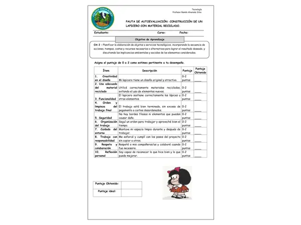 Pauta Autoevaluación Lapicero