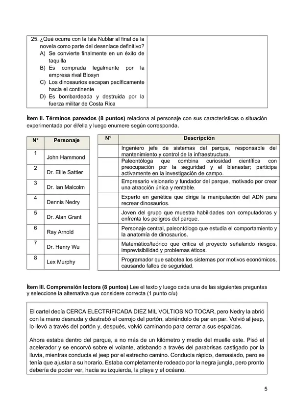 Evaluación - Control lector: Jurassic Park