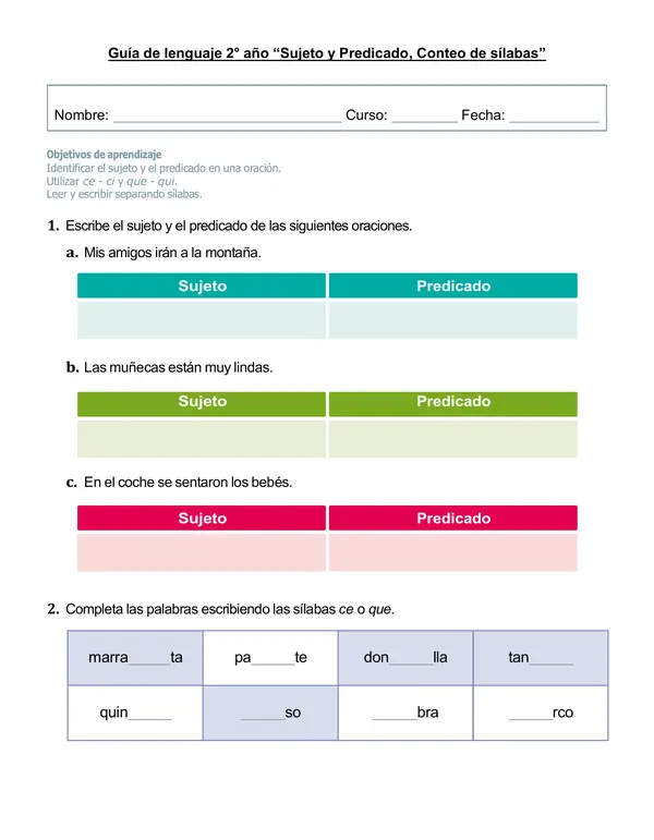 Guía de lenguaje "Sujeto y Predicado, Conteo de Sílabas"