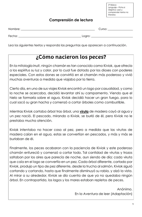 Comprensión de lectura (Mito)