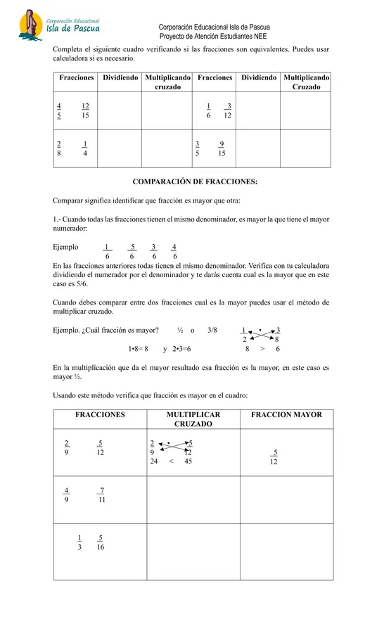            GUÍA DE FRACCIÓNES EQUIVALENTES 
