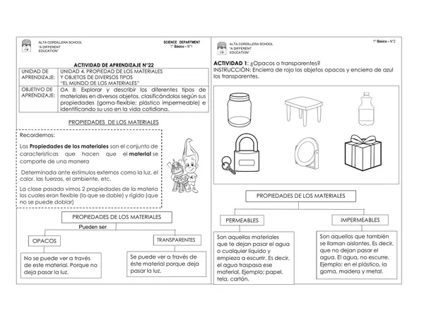 GUIA DE CIENCIAS PRIMERO BASICO MATERIALES TRANSPARENTES Y OPACOS, PERMEABLES E IMPERMEABLES